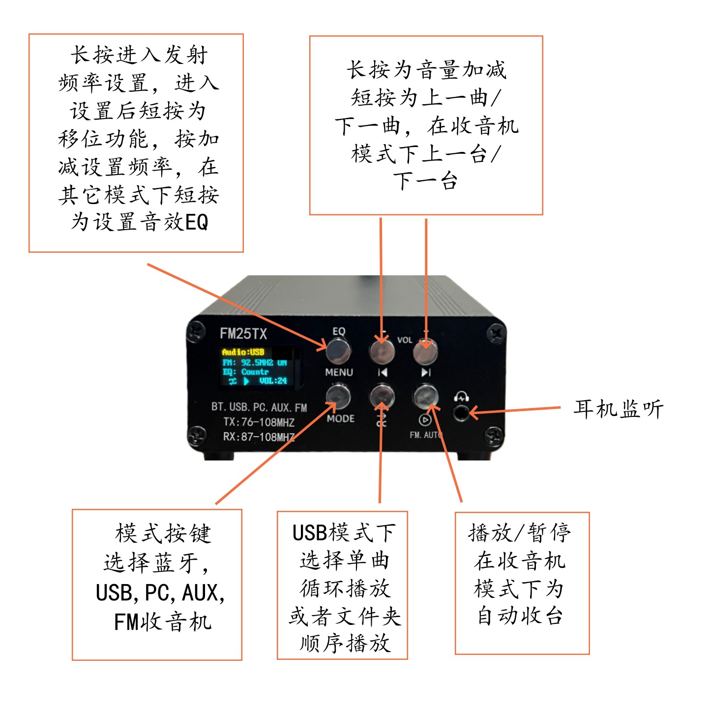 2.5W Fm Transmitter Fm Radio Audio Playback and Transmission Function Bluetooth Mp3 Wireless Player