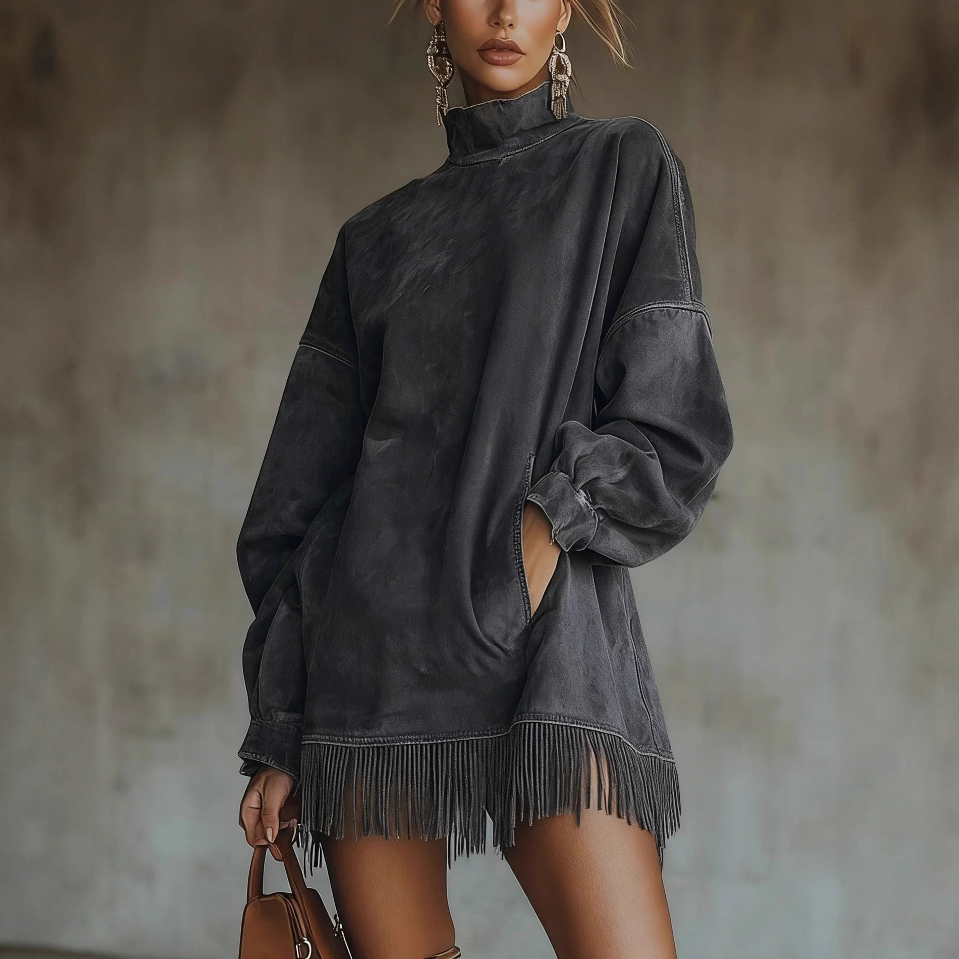 2026 European and American Women's Fashion Amazon Independent Site Ins Long-Sleeve Solid Color Vintage Tassel Patchwork Sweatshirt Dress