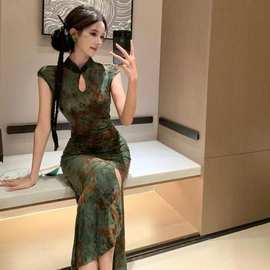 新中式国风复古性感印花改良旗袍连衣裙女夏季风情万种包臀长裙子
