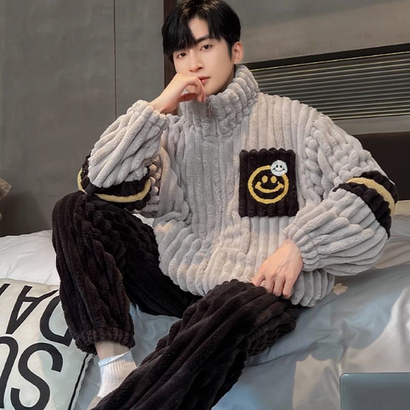 Men's Flannel Pajamas Men's Autumn and Winter New Warm Fleece-Lined Thickeneded Large Size Can Be Worn Outside Home Clothes Set