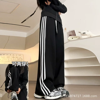 黑色条纹运动裤女春秋2026新款高腰阔腿裤小个子休闲宽松直筒卫裤