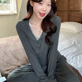 莫代尔带胸垫睡衣秋季新款软糯蕾丝V领长袖长裤休闲少女家居服