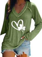 2022春季新款欧美跨境亚马逊三叶草印花长袖V领T恤女装现货