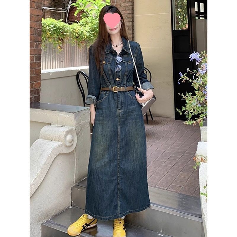高级感气质领长袖牛仔连衣裙女秋季法式复古收腰显瘦轻奢长裙|undefined