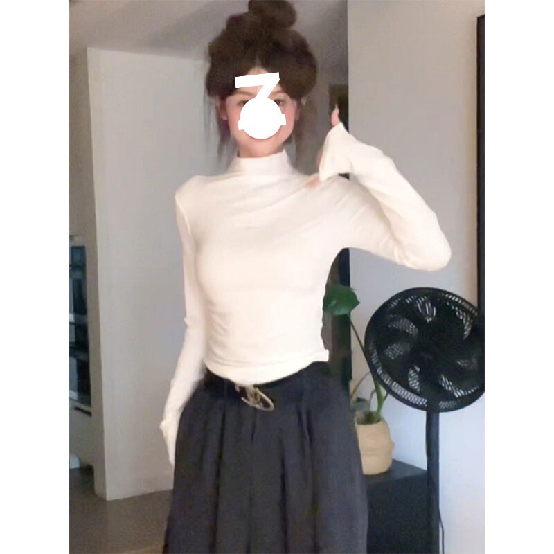 【Promotional Item】【Derong 1X1 Composite Silver Fox Velvet】Autumn Derong Half-High Collar Long-Sleeve Slim Fit Top