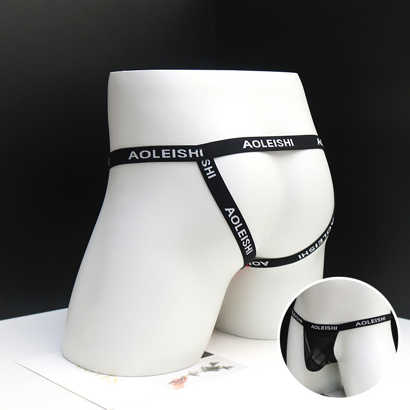 Sexy hollow transparent men's low waist sexy temptation hot open letter printing element mesh thong head