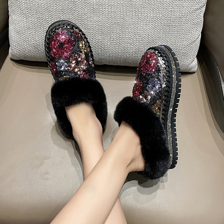 外贸大码包头半拖鞋女2025秋冬季新款保暖亮片懒人毛毛拖鞋