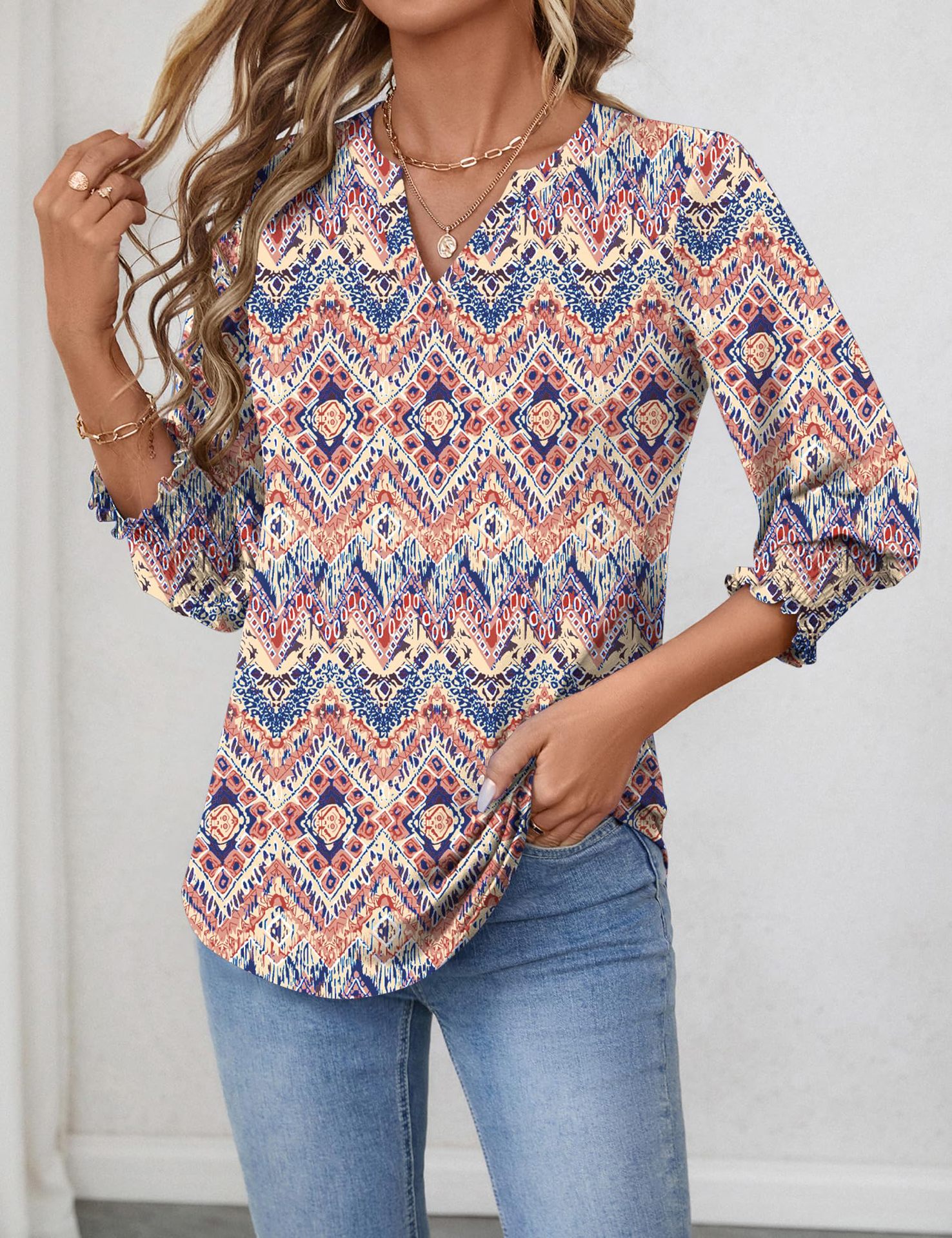 European And American Cross-border Women's 2026 Fashion Top, Three-quarter Sleeve Floral Print Casual Shirt, Summer_ecoleips.com