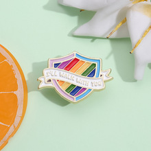 亚马逊新品创意彩虹色盾牌胸针可爱复古造型金属徽章创意服装配饰