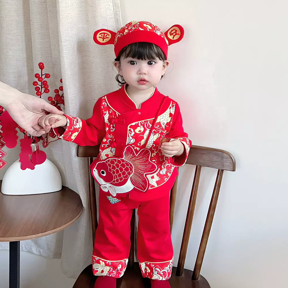 宝宝红色唐装两件套儿童喜庆新年拜年服5056春秋纯棉套装周岁礼服