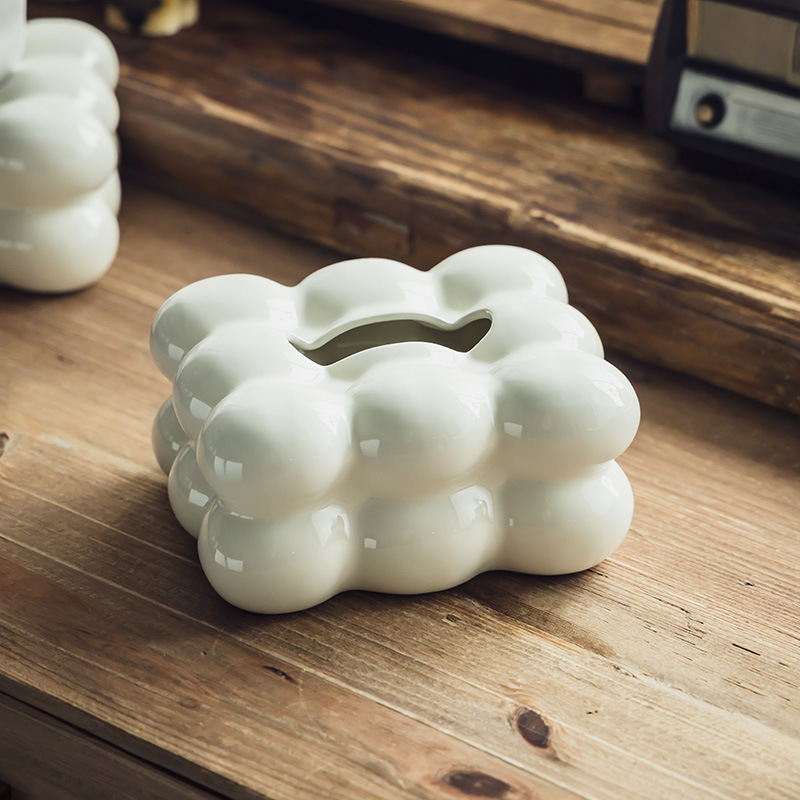 [Estilo crema de lujo ligero] Caja de pañuelos de cerámica Caja de dibujo de mesa de comedor de alta calidad Decoración del hogar Caja de papel de servilleta de sala de estar