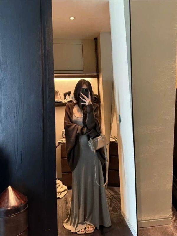 韩系早秋氛围感穿搭咖色蝙蝠袖毛衣开衫女秋冬慵懒风针织外套上衣|undefined