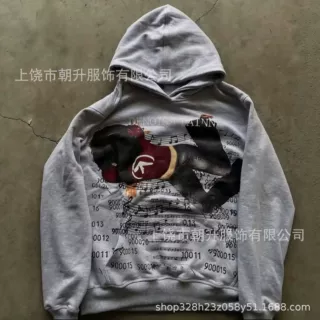 美式复古乐谱人像3D数码印花连帽卫衣高街灰宽松套头帽衫男女 535
