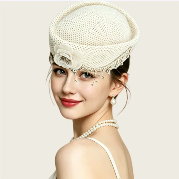 French Hepburn-style hollowed-out knitted beret with tassels, mesh flowers, formal hat for ladies, party hat, wholesale