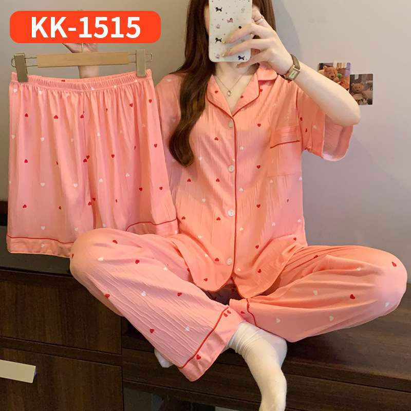 ネットセレブ人気の女性用半袖パジャマ、夏のストライプリボン、スイートホーム服、しわのある布の3点セット、リアルショット卸売|undefined