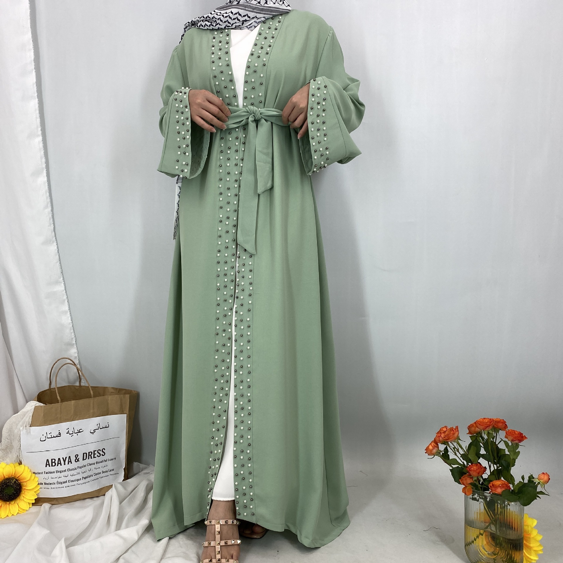 Arab Turkish Middle Eastern Fashion Elegant Solid Color Beaded Muslim Tie-Up Cardigan Robe 1838_ecoleips.com