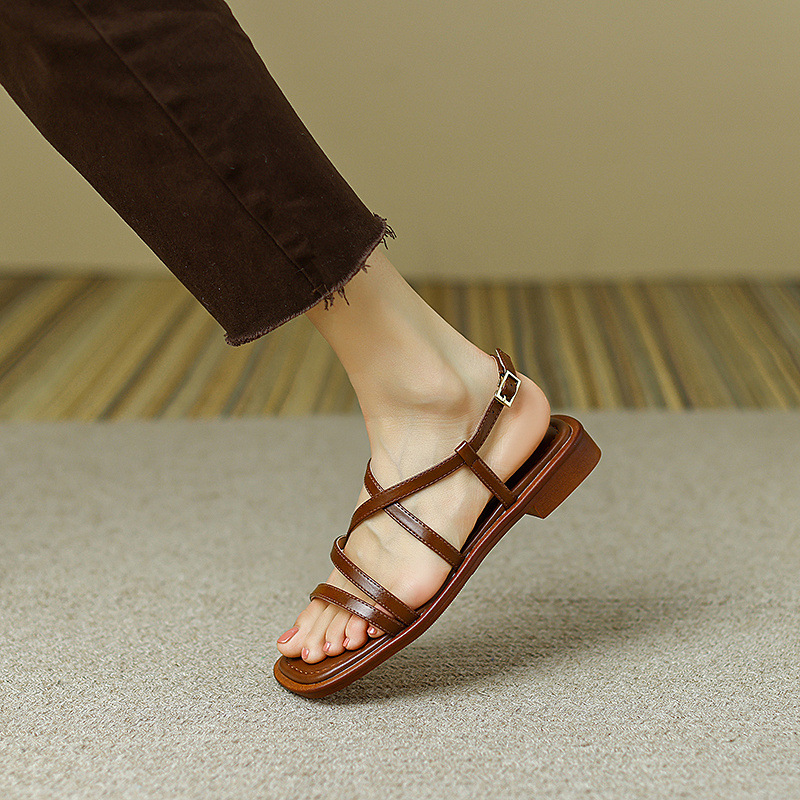 Sandal La Mã dệt cổ điển nữ quai ngang đế bệt — Màu nâu chi tiết 20