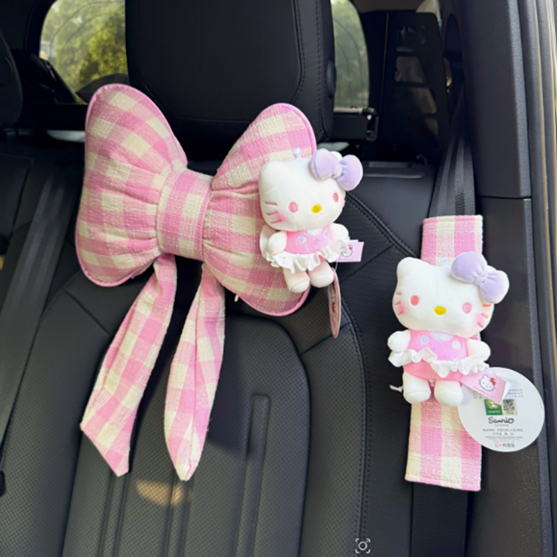 화이트 스커트 정품 핑크 고양이 - 핑크 & 화이트 체크 턱받이 목베개 + 핑크 체크 어깨 보호대