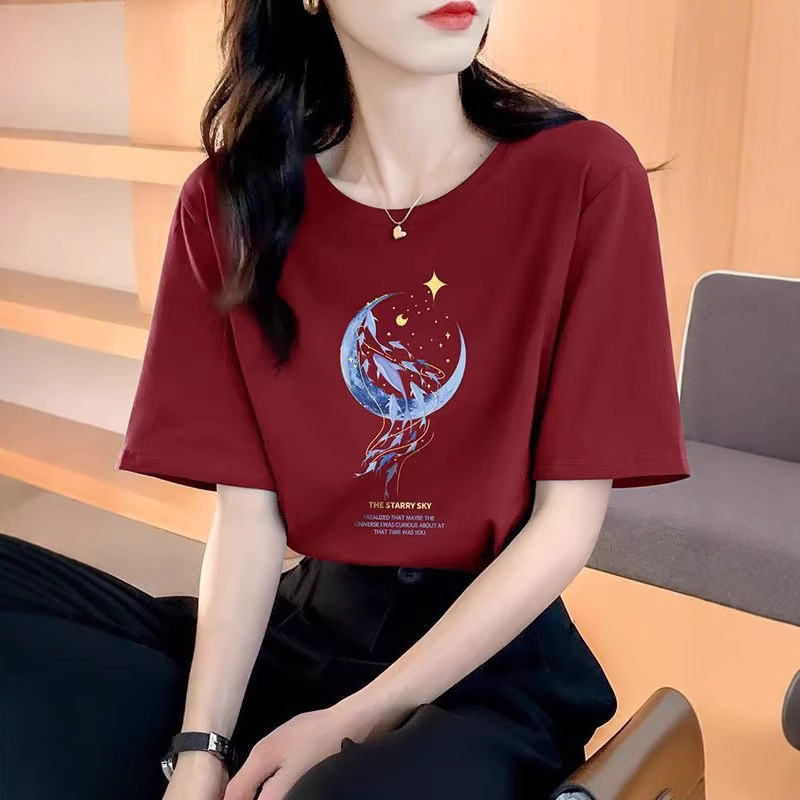宽松纯棉短袖t恤女士夏装新款漂亮上衣设计感印花半袖女圆领夏季|undefined