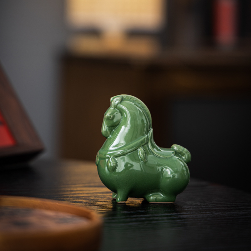 Ru Kiln Green Tang Horse Creative Ceramic Green Horse Open Film Tea Pet Desktop Entrance Decorations Craft Ornaments Gift Giving