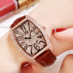 GEDI直播熱銷皮帶女士手錶酒桶形真皮復古女表時尚防水