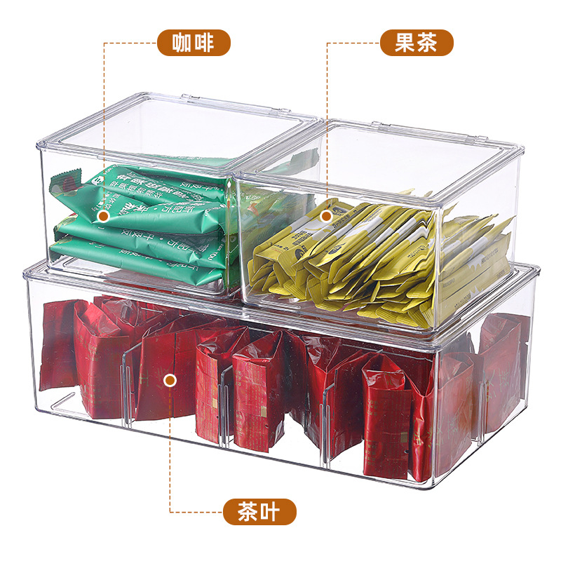 Hogar bolsa de té caja de almacenamiento Oficina leche té compartimiento apilable acrílico multifuncional caja de almacenamiento