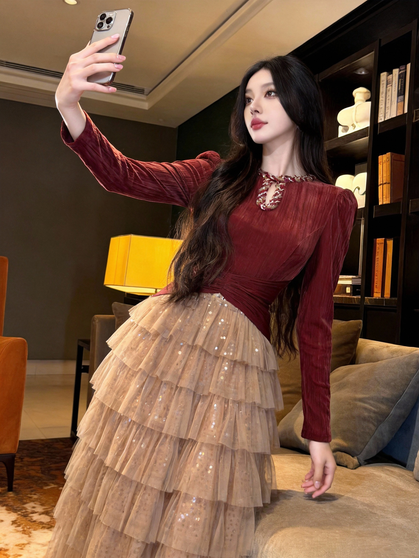 Đầm maxi nữ cổ tròn xuyên thấu eo thắt, kiểu bánh kem lưới tiên nữ — màu sắc