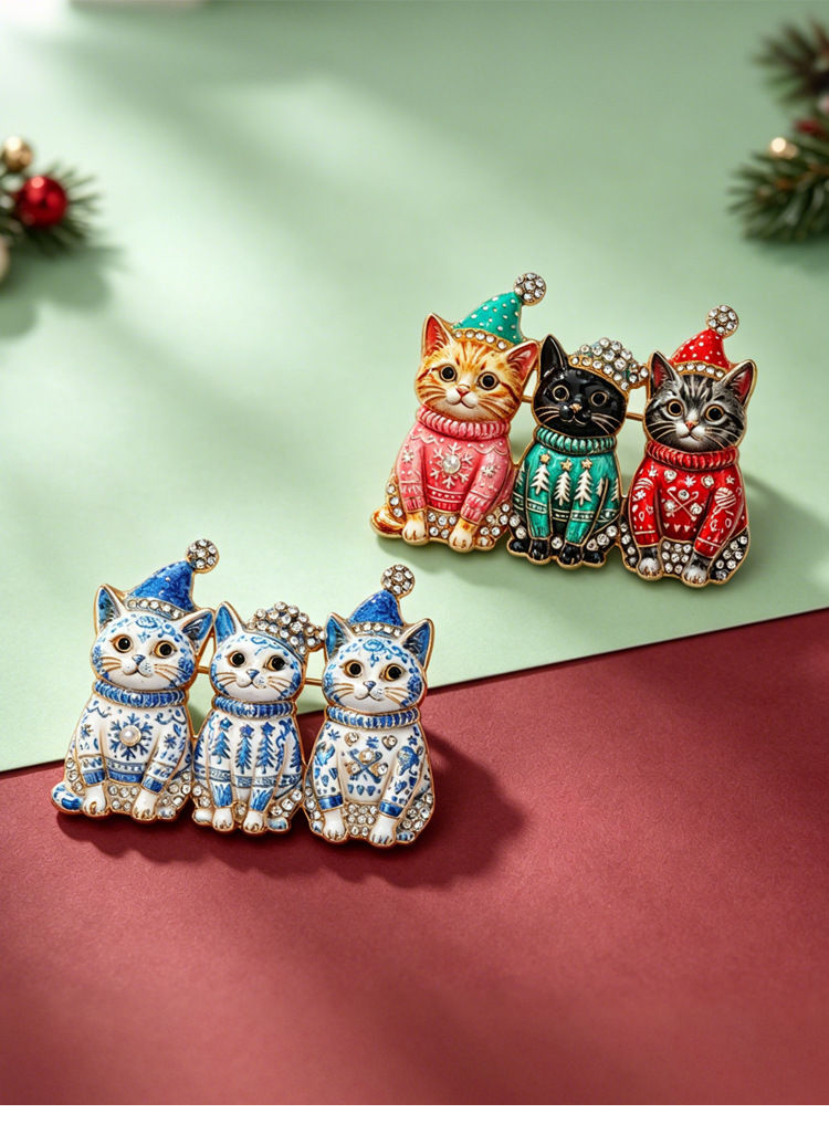 Christmas sweater kitten brooch, alloy enamel with rhinestones, cat and calico cat design, suit pin, holiday accessory