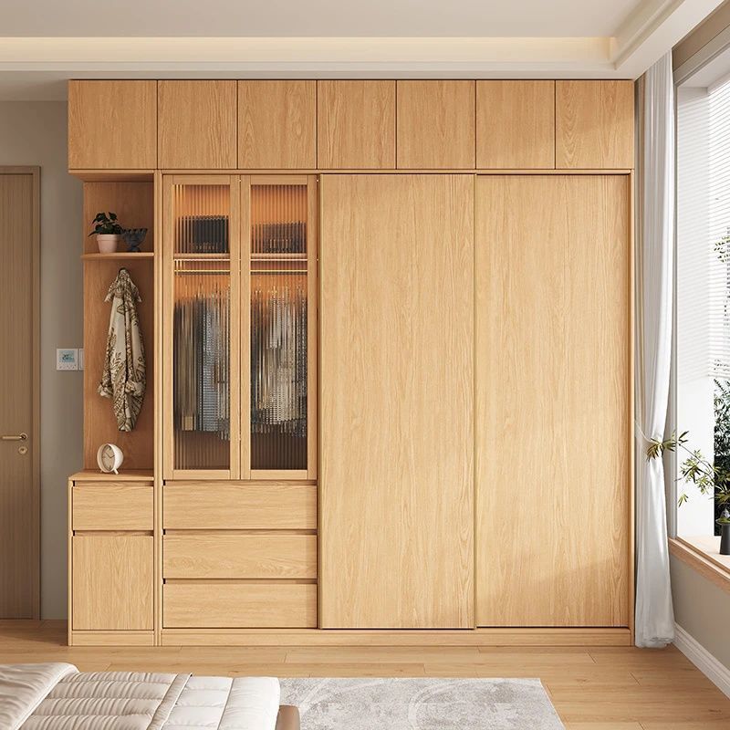 Oak Solid Wood Sliding Door Wardrobe for Home Bedroom Small Apartment Modern Simple Glass Door Sliding Wardrobe