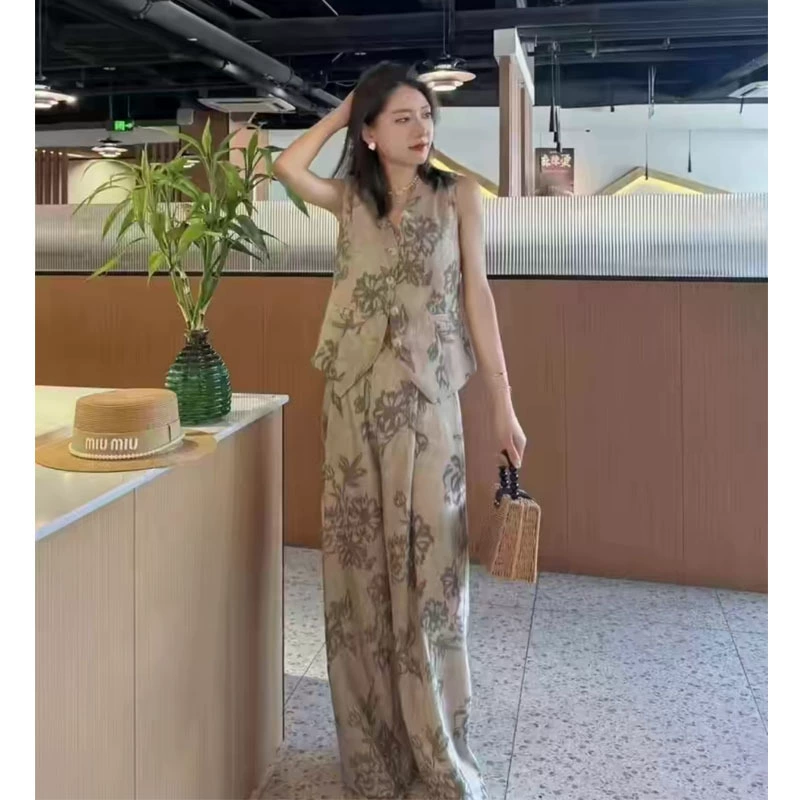 Летний костюм 2025 для женщин, новая мода, новый китайский стиль, национальный стиль, принт, ретро, элегантный западный стиль, жилет, широкие брюки