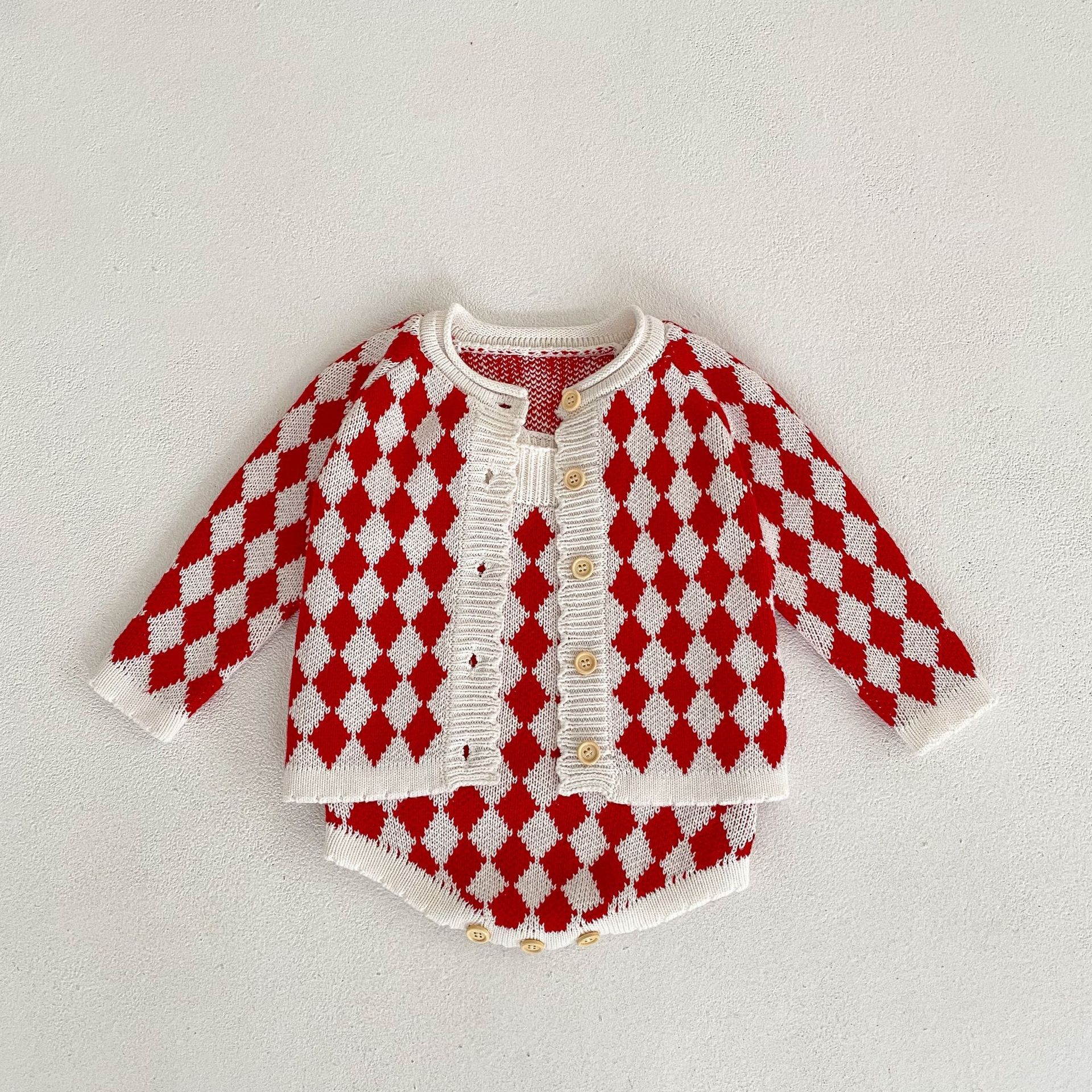Vêtements de printemps 2024 pour bébé, enfant, fille, bébé, pull en fil de coton tricoté Lingge veste + vêtements à bretelles ensemble 2 pièces_voghion.com