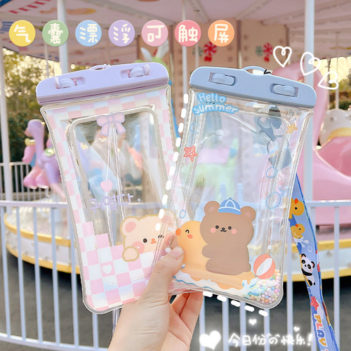 Cute mobile phone waterproof bag with touch screen air bag, swimming rafting ziplock bag, transparent takeaway rider special seal bag