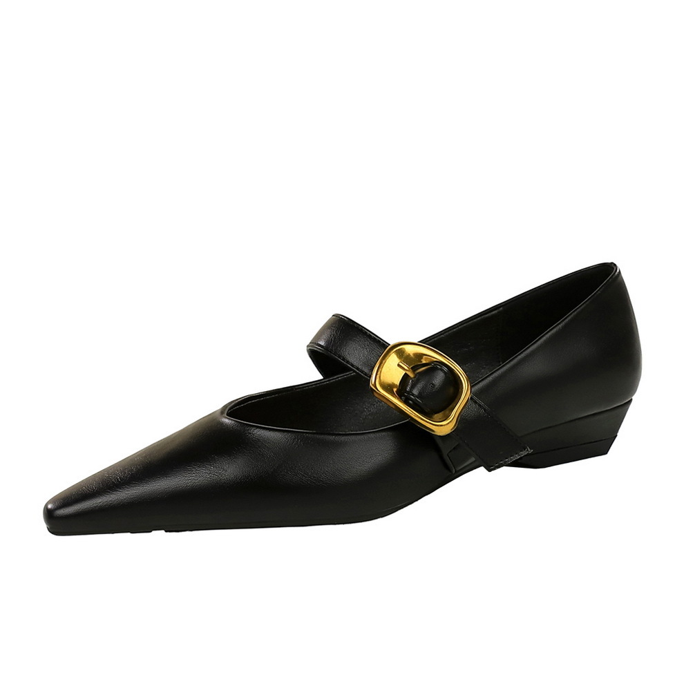 3683-1 Retro Fashion Low Heel Women's Shoes with Slope Heel, Shallow Mouth, Small Tip, Straight Line with Metal Buckle, Comfortable and Versatile Single Shoe