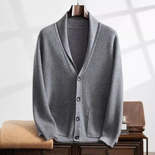 Autumn and Winter New Thickened Base Casual Single-breasted Shamrock Collar Cashmere Sweater Men's Long-sleeved Cardigan Loose Jacket with Pocket