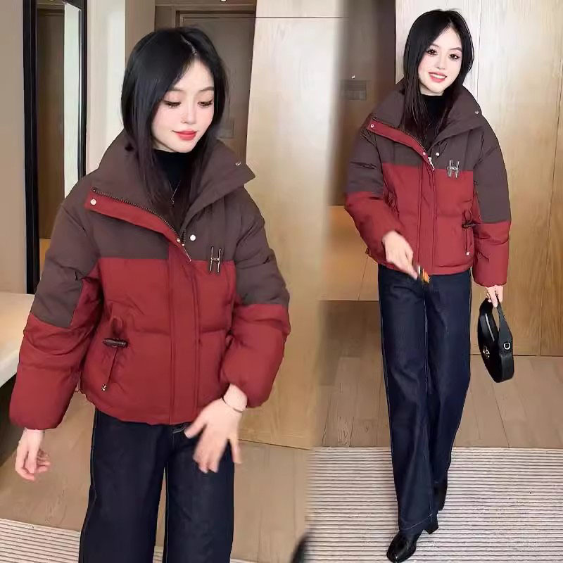 欧货洋气短款羽绒棉服女冬小个子穿搭超好看加厚拼色立领宽松外套