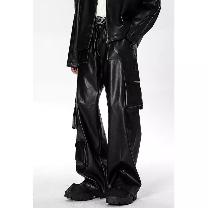 American Hip-Hop Punk Leather Pants for Men, Spring West Coast Street Style Workwear Pants, High Street Fashion Brand Multi-Pocket Long Pants
