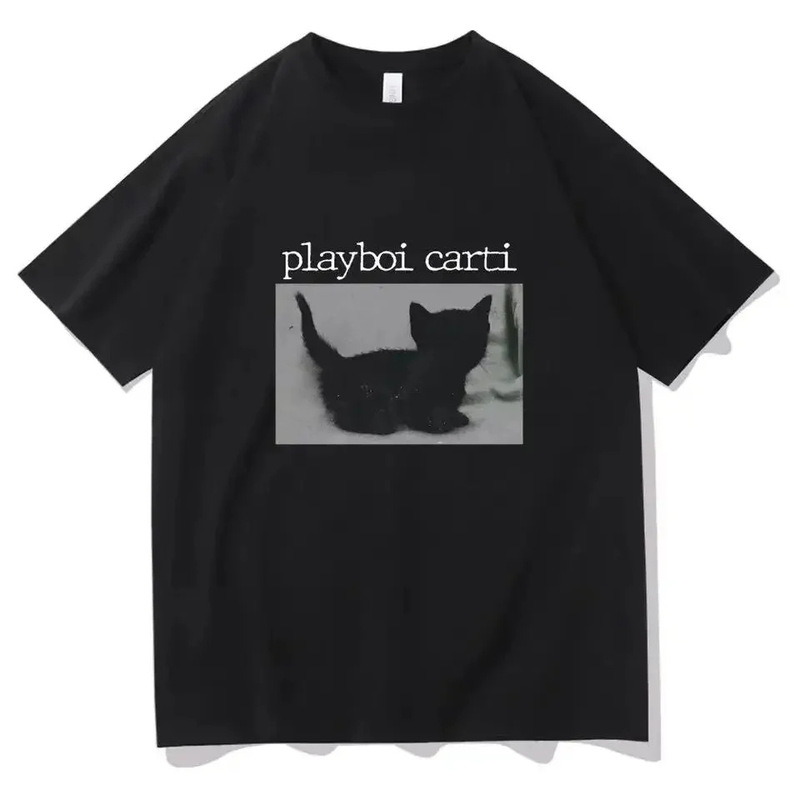 Playboi Carti Black Cat Print T-Shirt oversize Loose Hip Hop Rap Short Sleeve