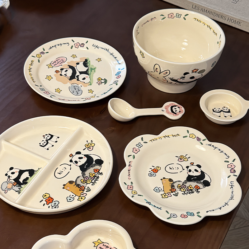 Cute Panda Household Ceramic Tableware Set High-Value Cartoon Rice Bowl Yogurt Bowl Flower Dish Plate Mug Cute Panda Household Ceramic Tableware Set High-Value Cartoon Rice Bowl Yogurt Bowl Flower Dish Plate Mug