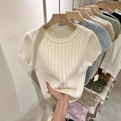 アイスシルク半袖Tシャツレディース夏新作スリムフィットハイエンドニットセーターラウンドネックショートシックトップイン