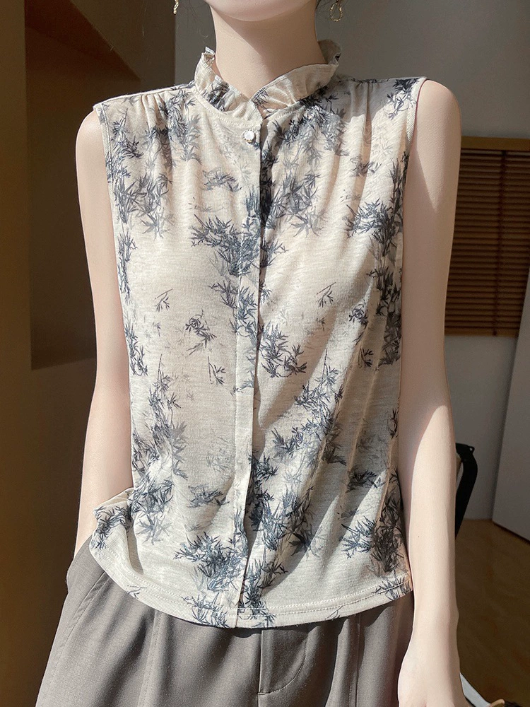 Лето 2025 Новый деревянный ушной воротник гофрированный трикотаж женский модный и удобный дикий трикотажный топ