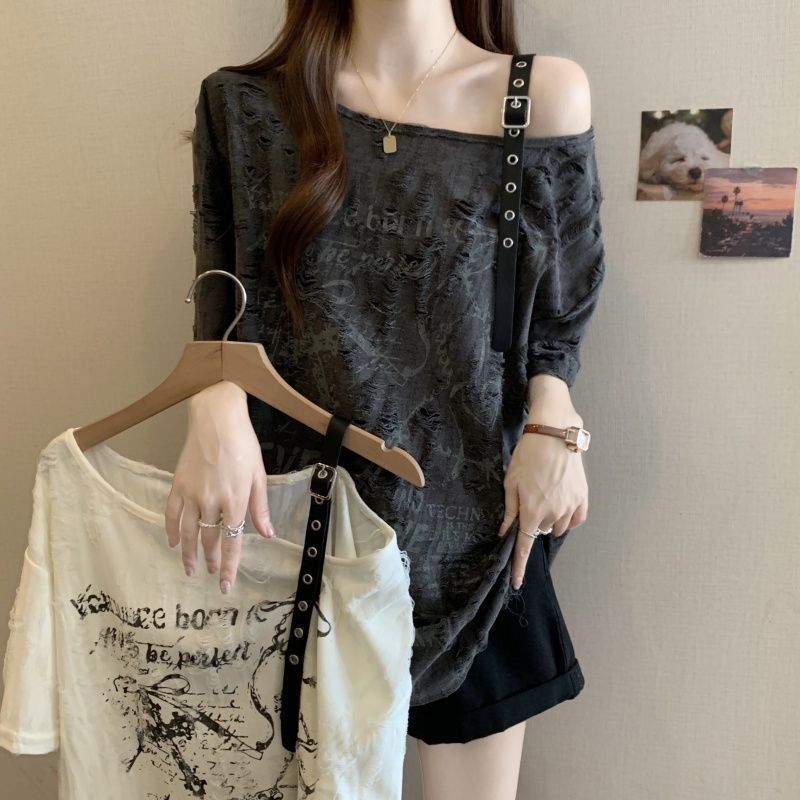 大きいサイズのリッピングショルダー半袖Tシャツ女性用2025年夏新作ファットmmルーズスリミングカバーオフショルダートップ女性用|undefined