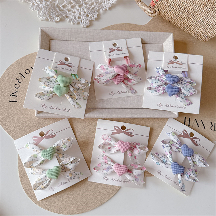 Spring New Children's Fabric Floral Butterfly Knot Hair Clips Hair Pins for Girls, Heart-shaped Hair Ties, Double Pack Hair Bands