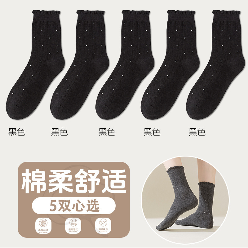 波点袜子女秋冬中筒袜木耳边棉袜花边miu配玛丽珍春秋甜美堆堆袜|undefined