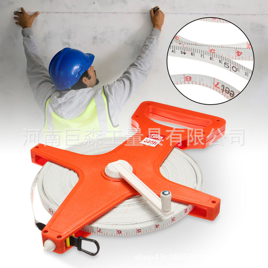 厂定制纤维皮尺30m50m100m手提塑料红架尺手摇插地架式P VC 卷尺