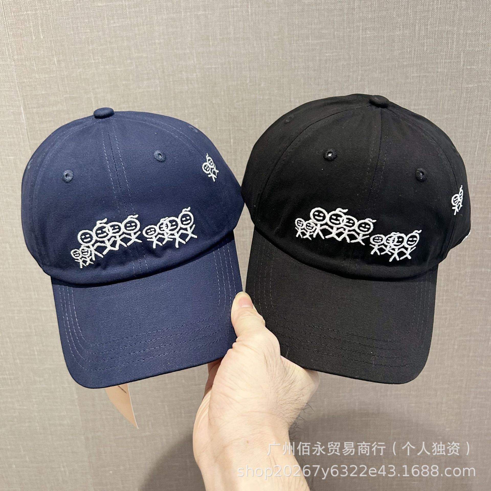 In stock: Popular stick-figure embroidered baseball cap, navy blue, soft-top, unisex, fashionable and trendy