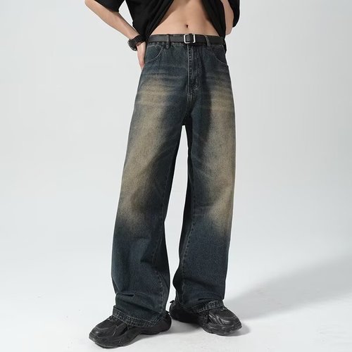 Cross-border casual versatile retro yellow mud color washed jeans men loose straight tube high street wide-legged long pants 