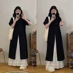 日本のレトロなスーツのシックなロングタイプの半袖気質のゆったりしたシャツの女性の夏のレースの広い足のズボンの2つのセット