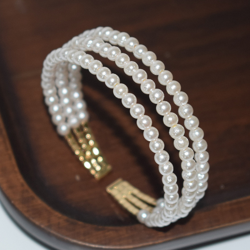 Cross-border Explosions Pearl Crystal Opening Bracelet Gold Silver Rhinestone 3 Row Bracelet Bride Wedding Jewelry All-match