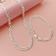 外貿飾品鍍925銀色7MM側身凹面古巴項鍊手鍊套裝 temu速賣通