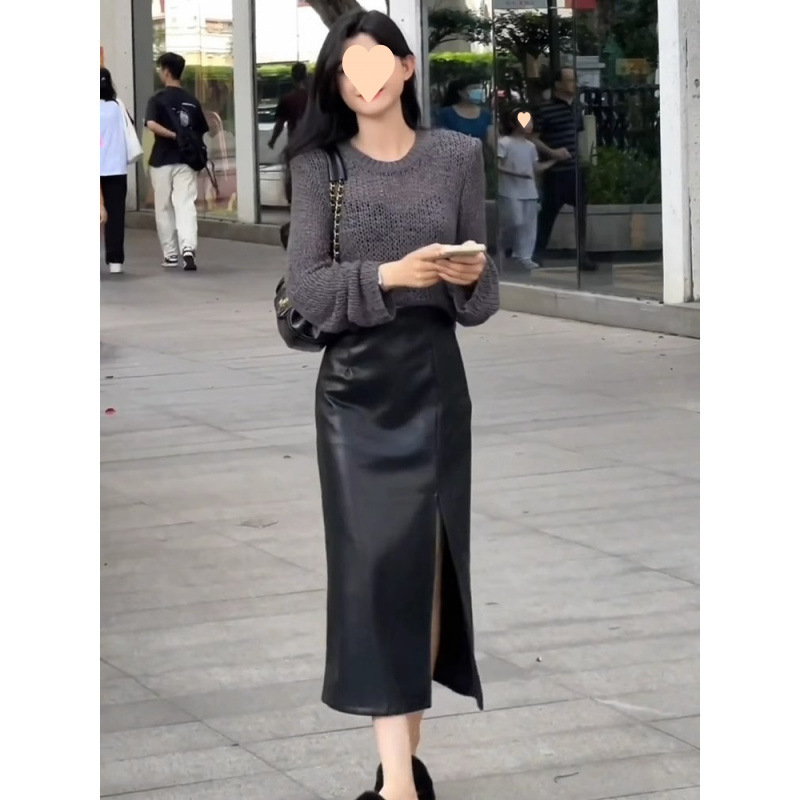 2025秋季多巴胺開叉字半身裙子女高腰修身顯瘦小個子長款皮裙